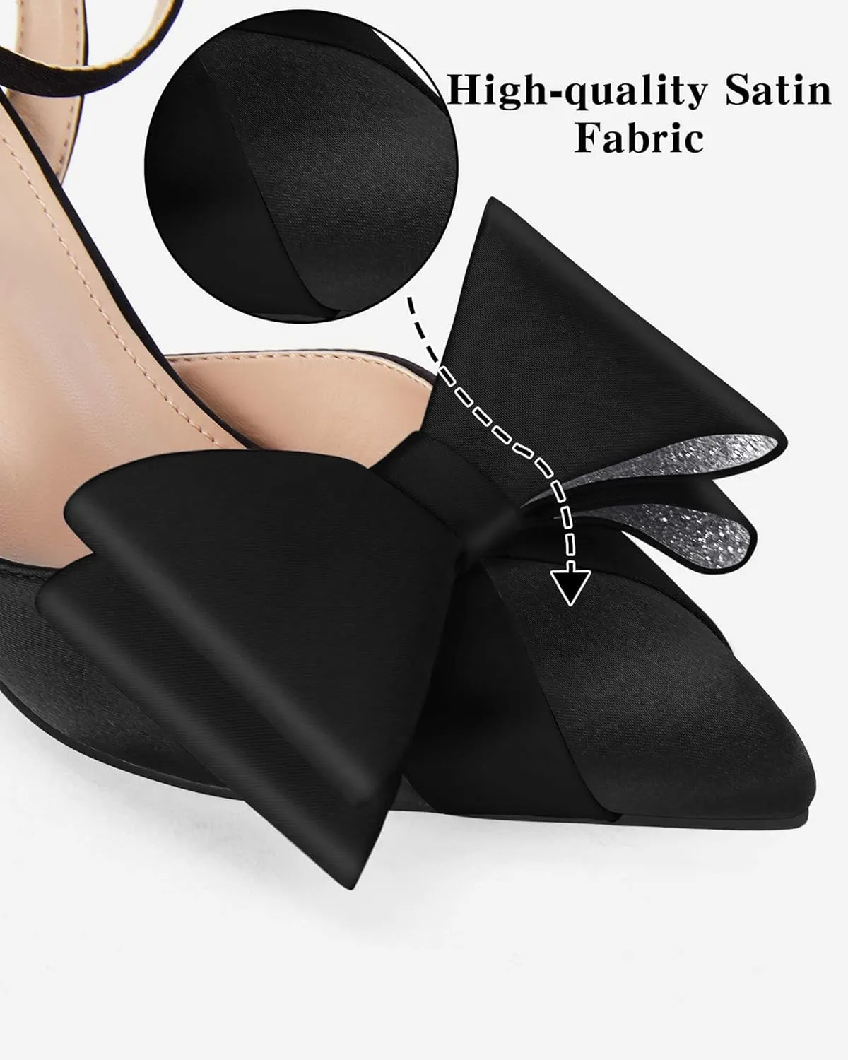 Coutgo Bow Black Heels for Women Rhinestone Closed Toe High Heel Strappy Dress Wedding Bridal Pumps Shoes