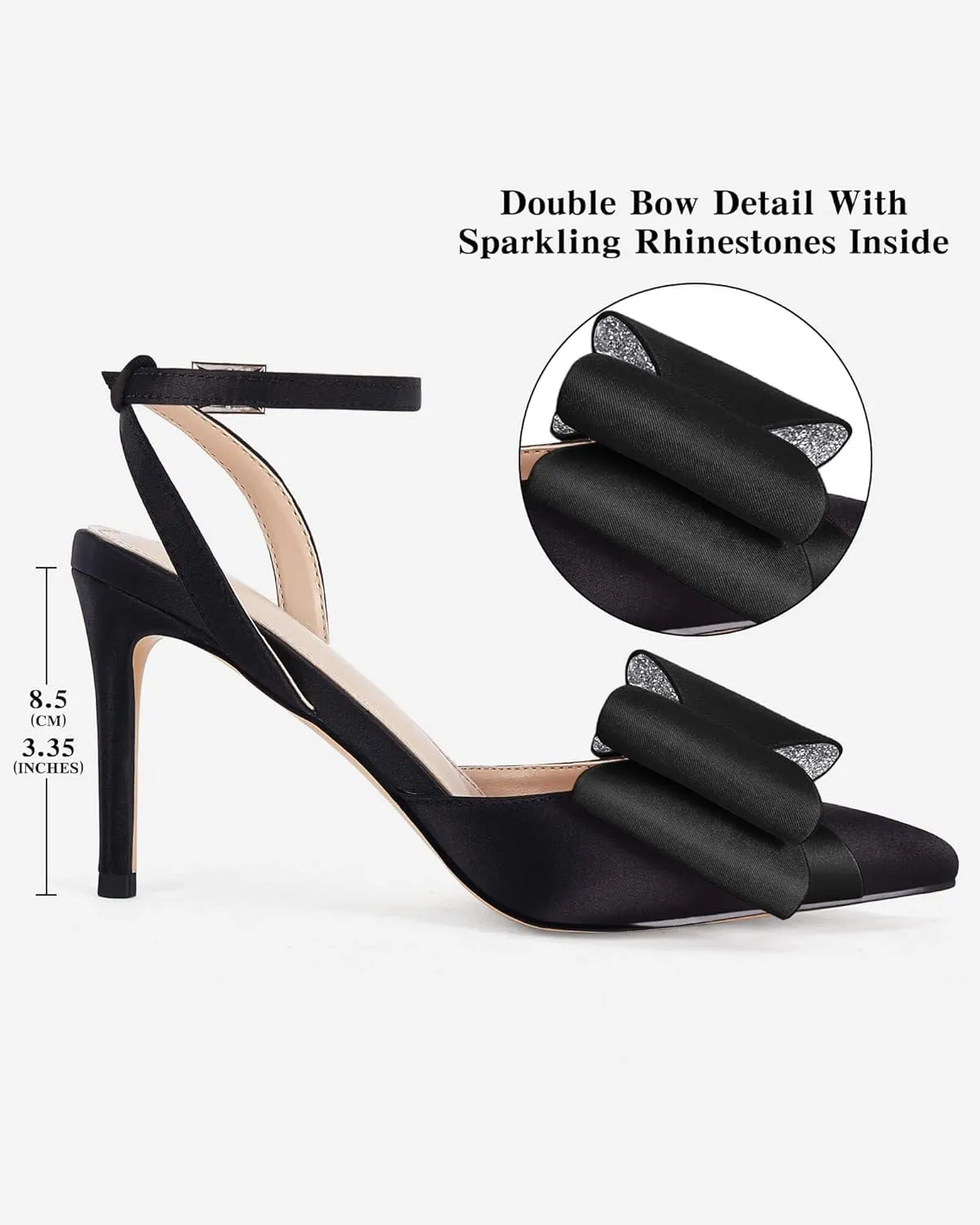 Coutgo Bow Black Heels for Women Rhinestone Closed Toe High Heel Strappy Dress Wedding Bridal Pumps Shoes