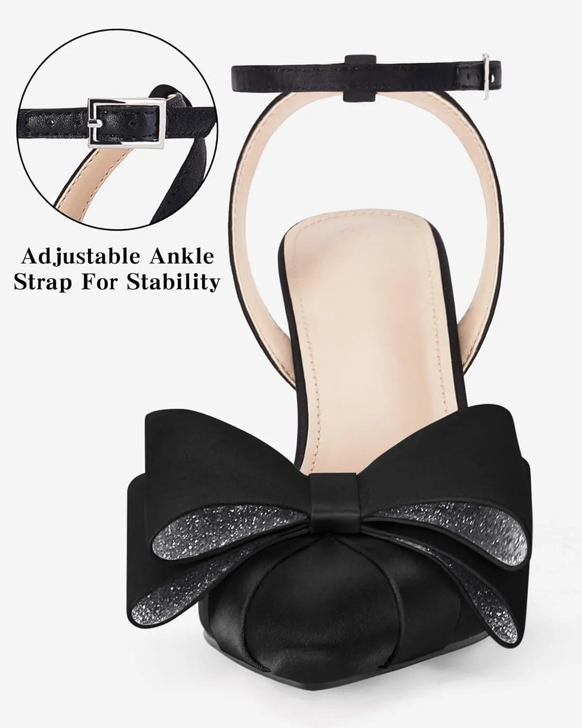 Coutgo Bow Black Heels for Women Rhinestone Closed Toe High Heel Strappy Dress Wedding Bridal Pumps Shoes