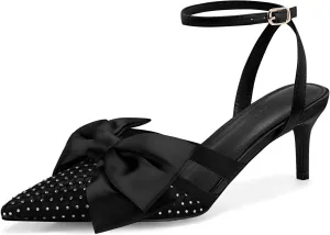 Coutgo Womens Kitten Low Heels Rhinestone Mesh Bow Heels Closed Pointed Toe Ankle Strap Pumps Dress Wedding Shoes