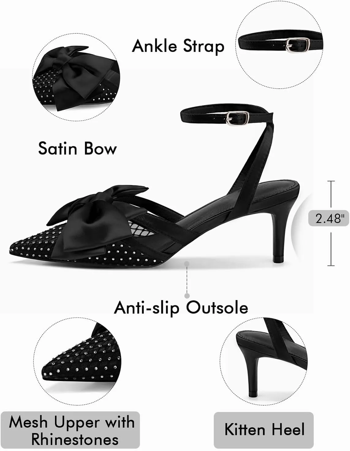 Coutgo Womens Kitten Low Heels Rhinestone Mesh Bow Heels Closed Pointed Toe Ankle Strap Pumps Dress Wedding Shoes