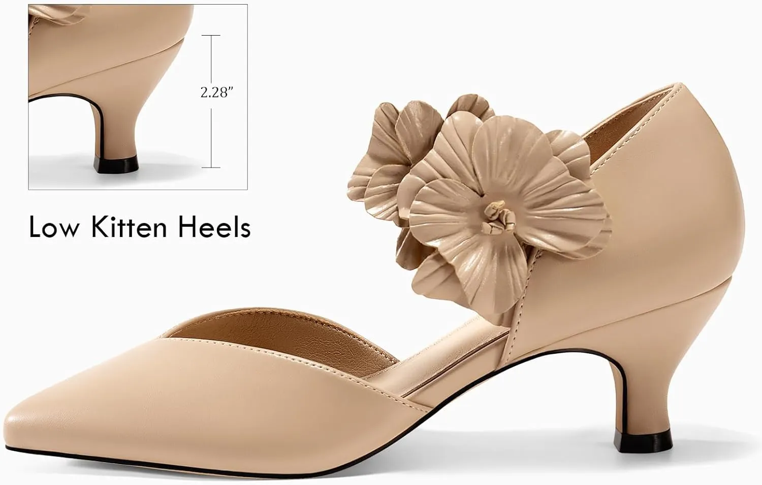 Coutgo Womens Low Kitten Heels Dressy Shoes Comfortable Closed Toe Flower Slip on Formal Party Dance Heeled Pumps