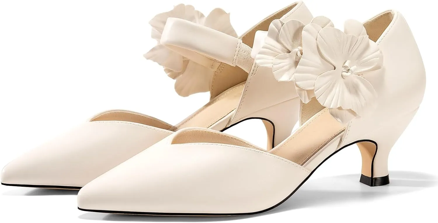Coutgo Womens Low Kitten Heels Dressy Shoes Comfortable Closed Toe Flower Slip on Formal Party Dance Heeled Pumps