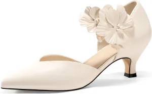 Coutgo Womens Low Kitten Heels Dressy Shoes Comfortable Closed Toe Flower Slip on Formal Party Dance Heeled Pumps