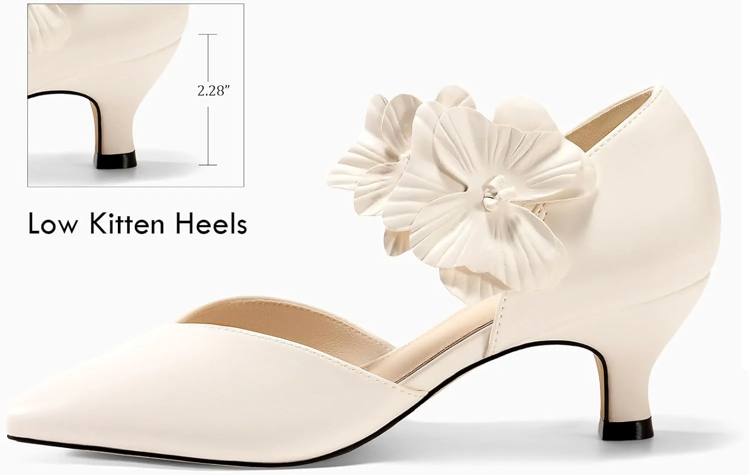 Coutgo Womens Low Kitten Heels Dressy Shoes Comfortable Closed Toe Flower Slip on Formal Party Dance Heeled Pumps