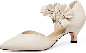 Coutgo Womens Low Kitten Heels Dressy Shoes Comfortable Closed Toe Flower Slip on Formal Party Dance Heeled Pumps