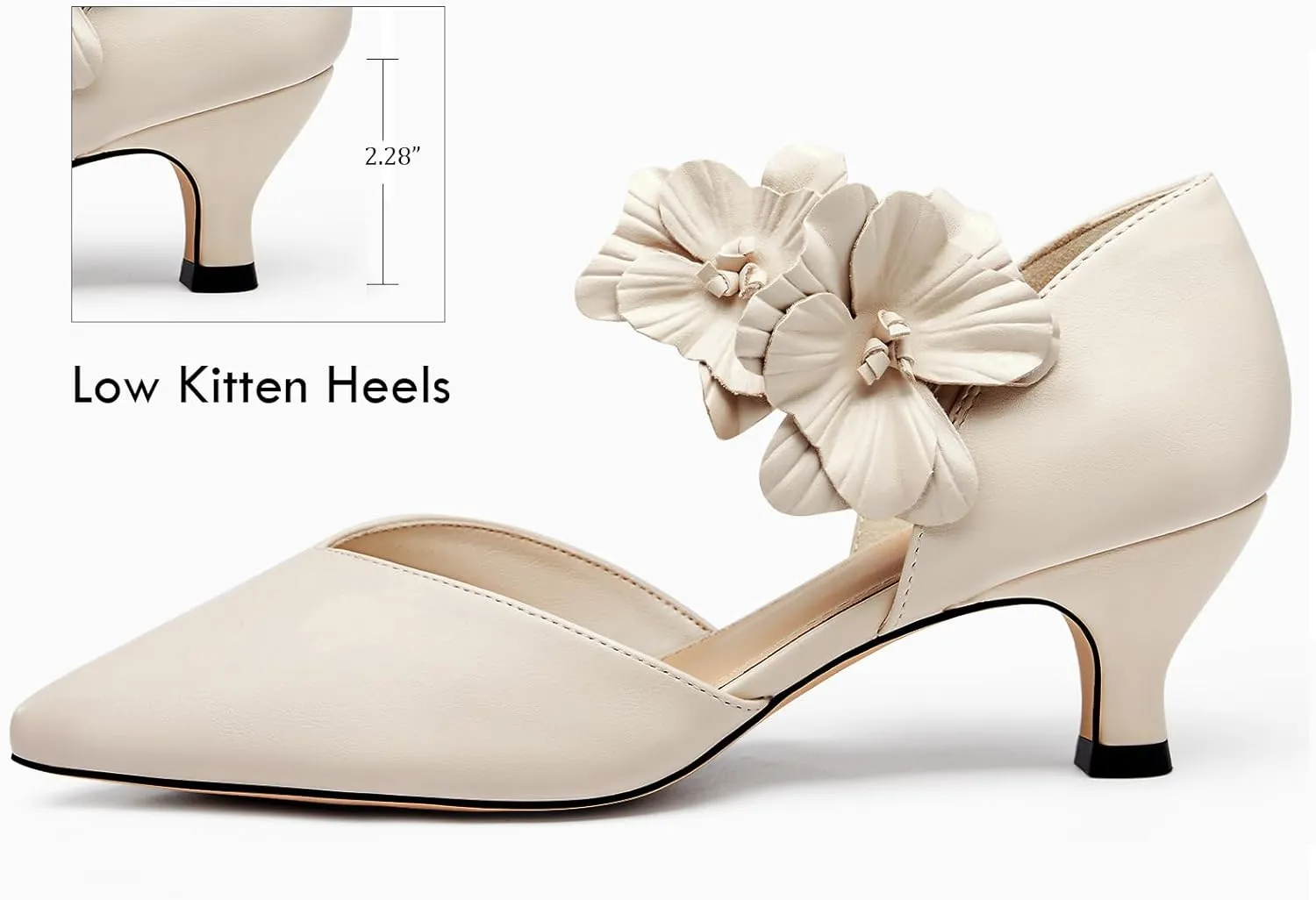Coutgo Womens Low Kitten Heels Dressy Shoes Comfortable Closed Toe Flower Slip on Formal Party Dance Heeled Pumps