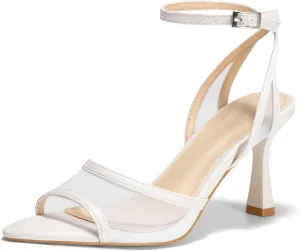 Coutgo Womens Mesh Kitten Heels Sandals Pointed Open Toe Ankle Buckle Strap Summer Dress Shoes