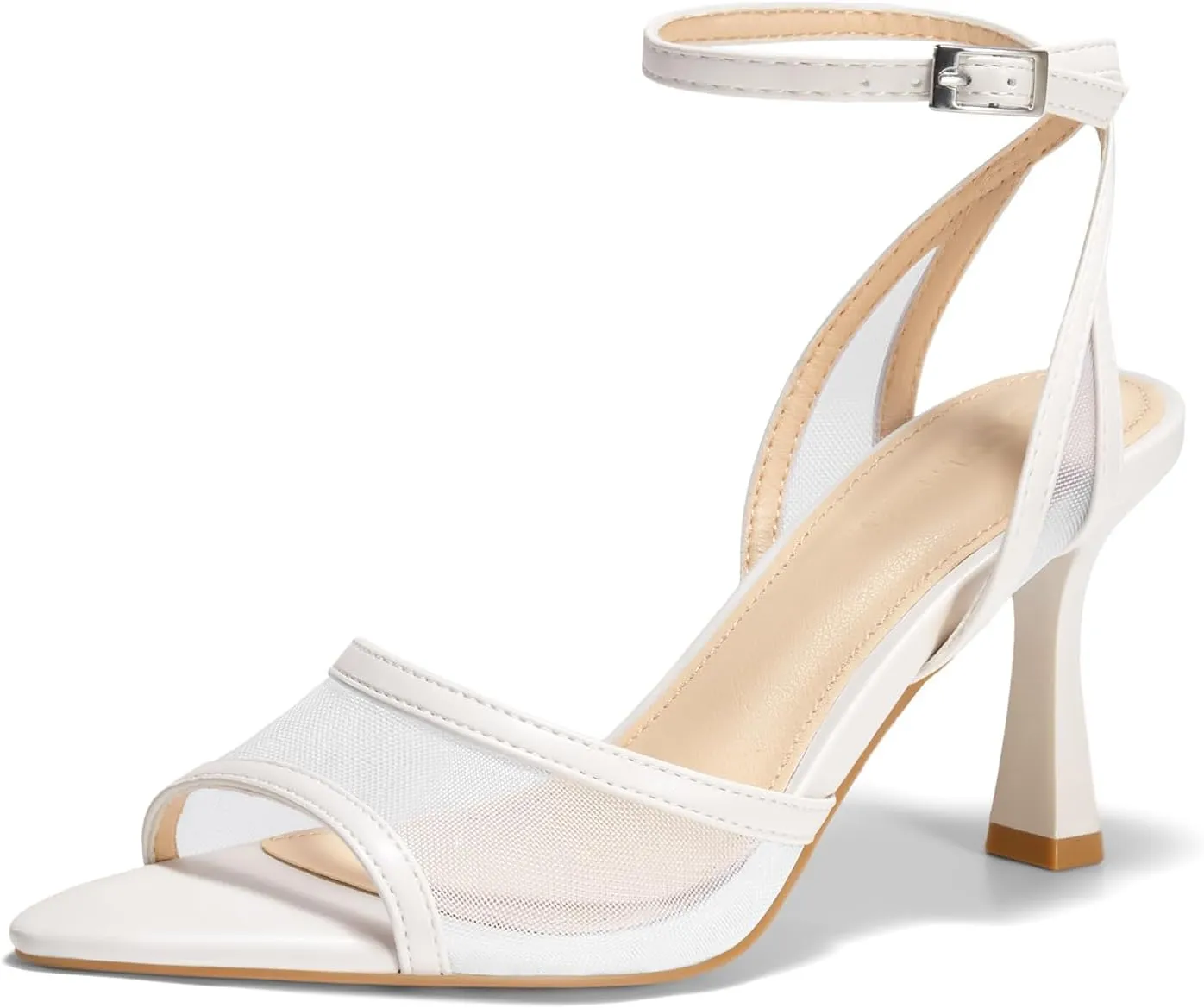 Coutgo Womens Mesh Kitten Heels Sandals Pointed Open Toe Ankle Buckle Strap Summer Dress Shoes