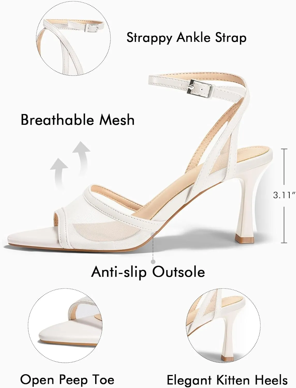 Coutgo Womens Mesh Kitten Heels Sandals Pointed Open Toe Ankle Buckle Strap Summer Dress Shoes