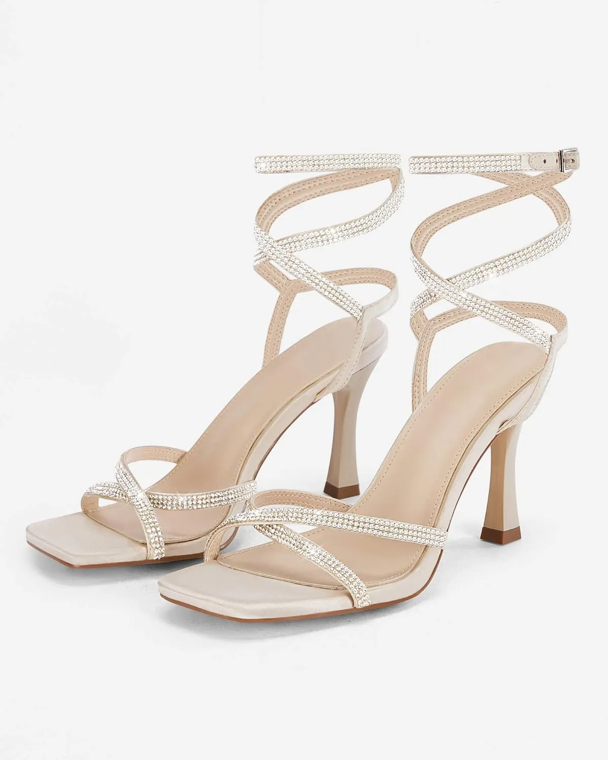 Coutgo Women's Rhinestone Strappy Heel Sandals Open Square Toe High Stiletto Heels Wedding Shoes