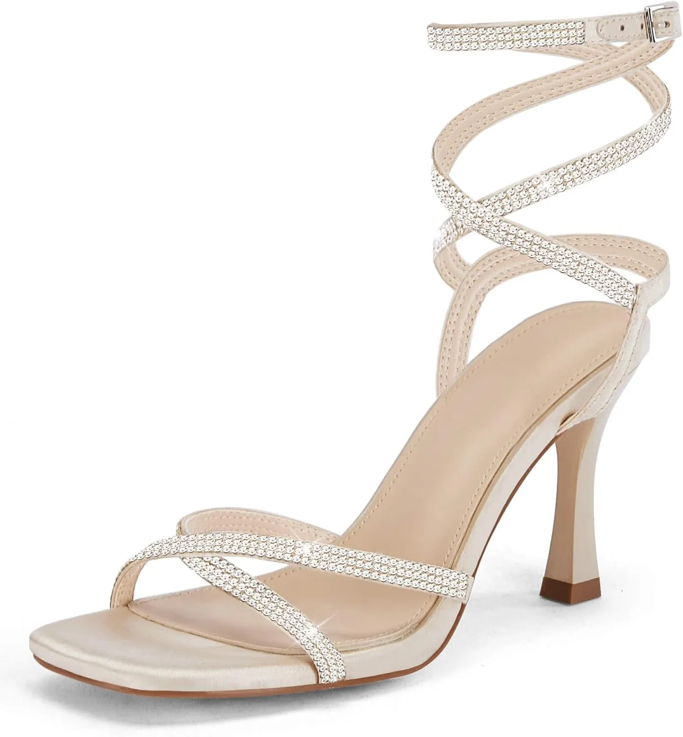 Coutgo Women's Rhinestone Strappy Heel Sandals Open Square Toe High Stiletto Heels Wedding Shoes