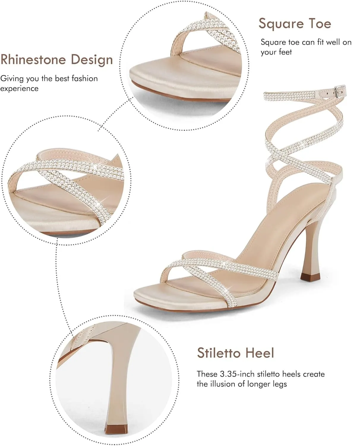 Coutgo Women's Rhinestone Strappy Heel Sandals Open Square Toe High Stiletto Heels Wedding Shoes