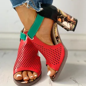 Creamtopmall Party Print Block High Heels Sandals