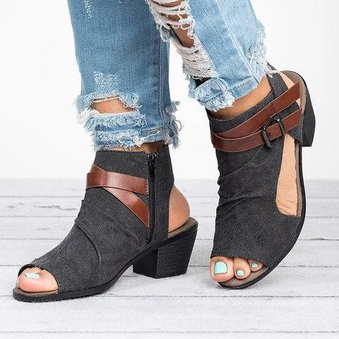 Creamtopmall Plus Size Sandals Canvas Peep Toe Zipper Sandals