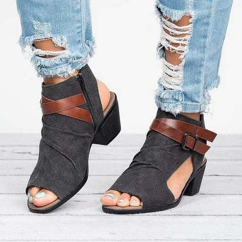 Creamtopmall Plus Size Sandals Canvas Peep Toe Zipper Sandals