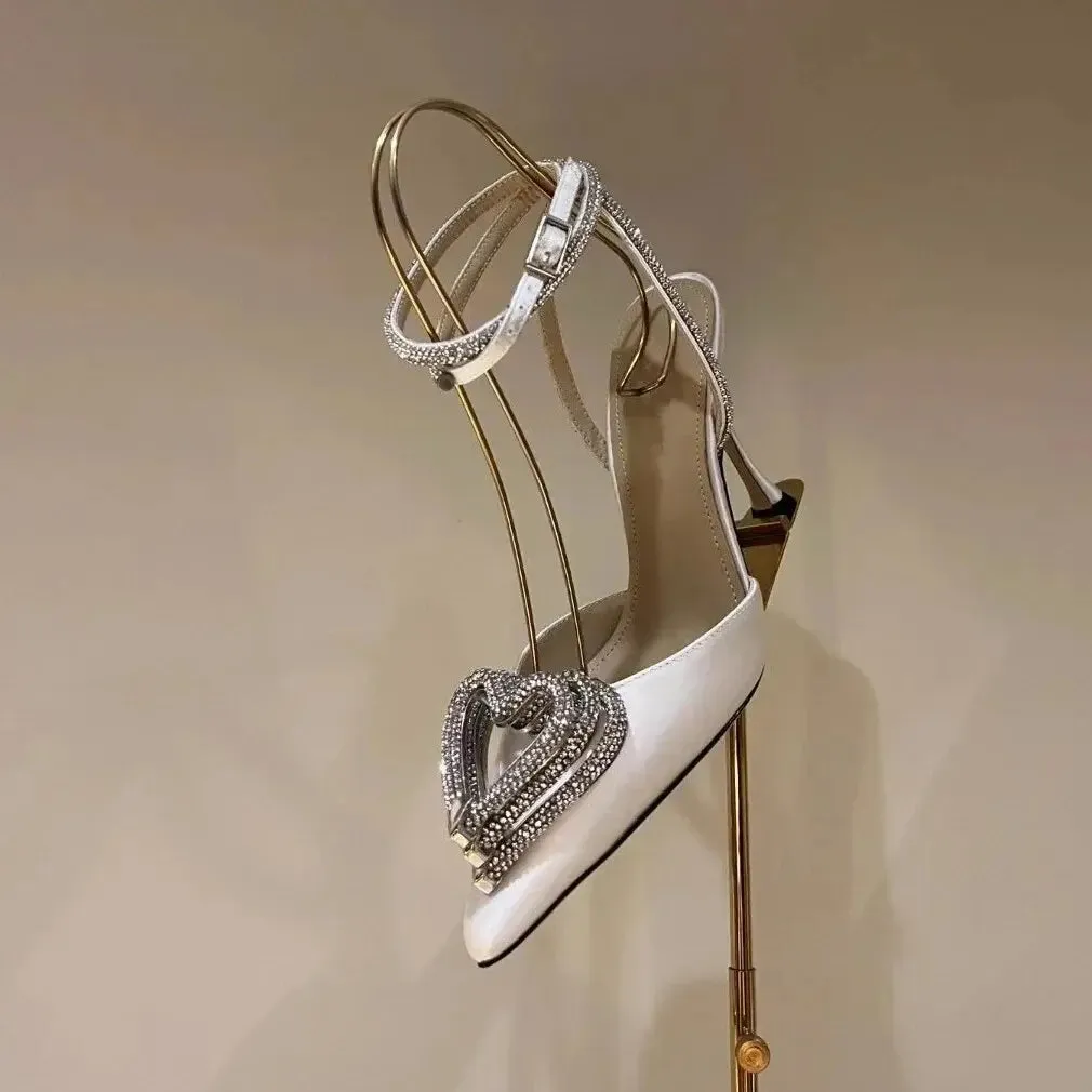 Crystal Heart Ankle Strap Heels