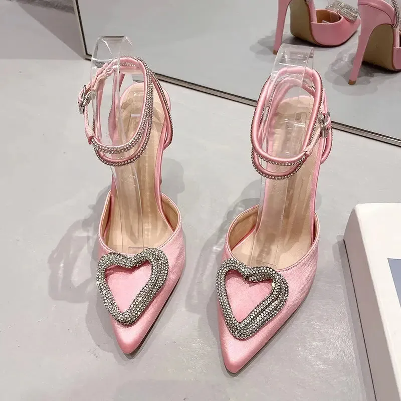 Crystal Heart Ankle Strap Heels