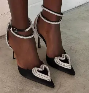 Crystal Heart Ankle Strap Heels