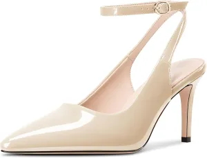 DearOnly Womens Pointed Toe Closed Slingback Stiletto High Heels Ankle Strap Party Pumps Patent Leather Dress Shoes 3.2 Inches Heels