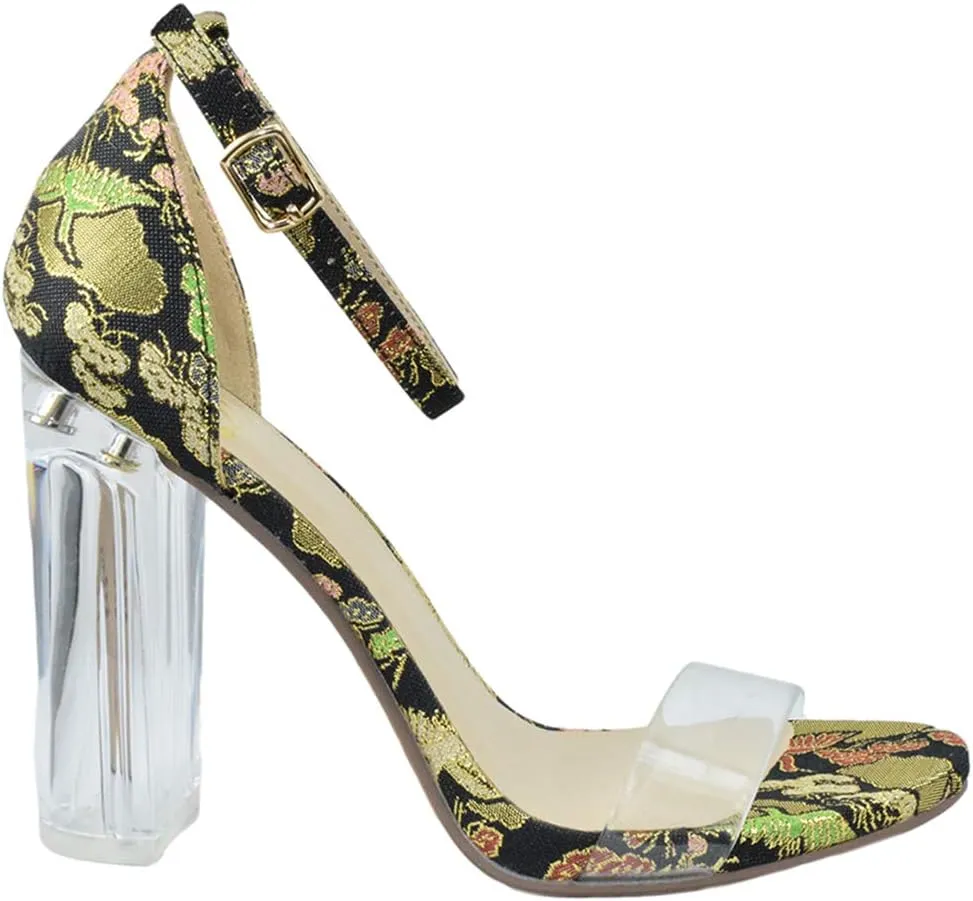 Delicious Women Thick Block Chunky Clear Perspex High Heels Ankle Strap Open Peep Toe with Transparent Clear Strap Embroidery Stitch Print Shana-S