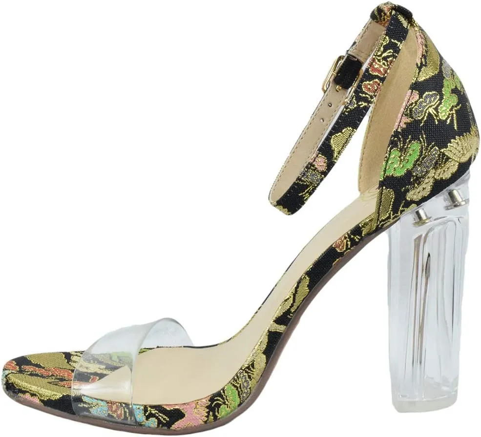 Delicious Women Thick Block Chunky Clear Perspex High Heels Ankle Strap Open Peep Toe with Transparent Clear Strap Embroidery Stitch Print Shana-S