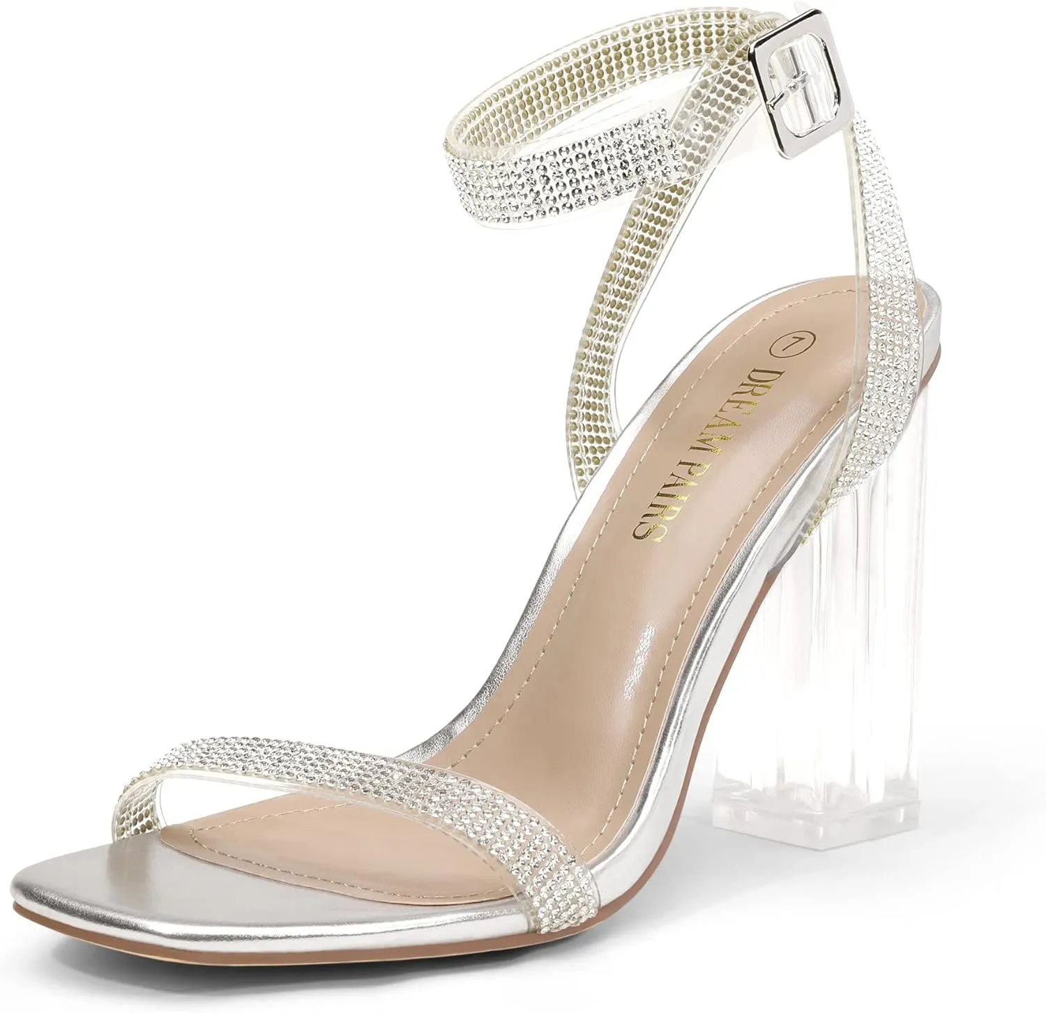DREAM PAIRS Women's Chunky Clear High Heels Sandals, Rhinestone Ankle Strap Open Square Toe Block Heels Cute Sparkly Heels