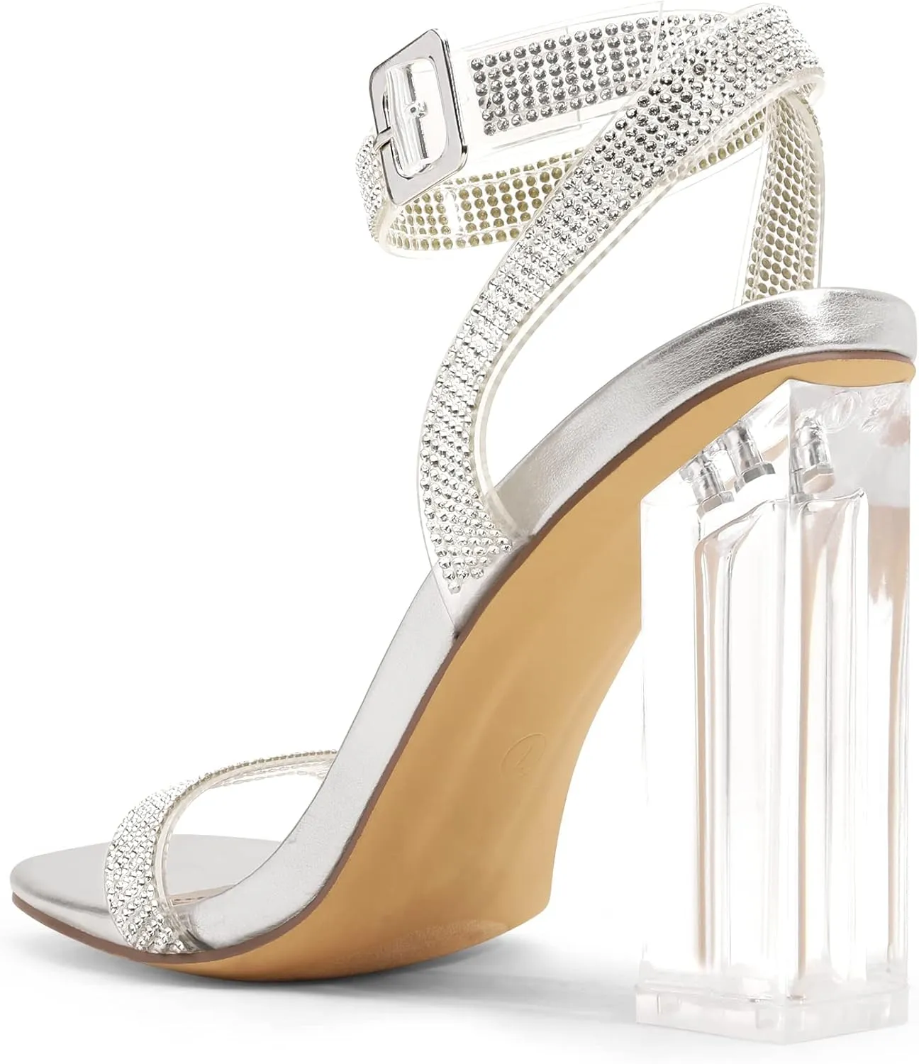 DREAM PAIRS Women's Chunky Clear High Heels Sandals, Rhinestone Ankle Strap Open Square Toe Block Heels Cute Sparkly Heels