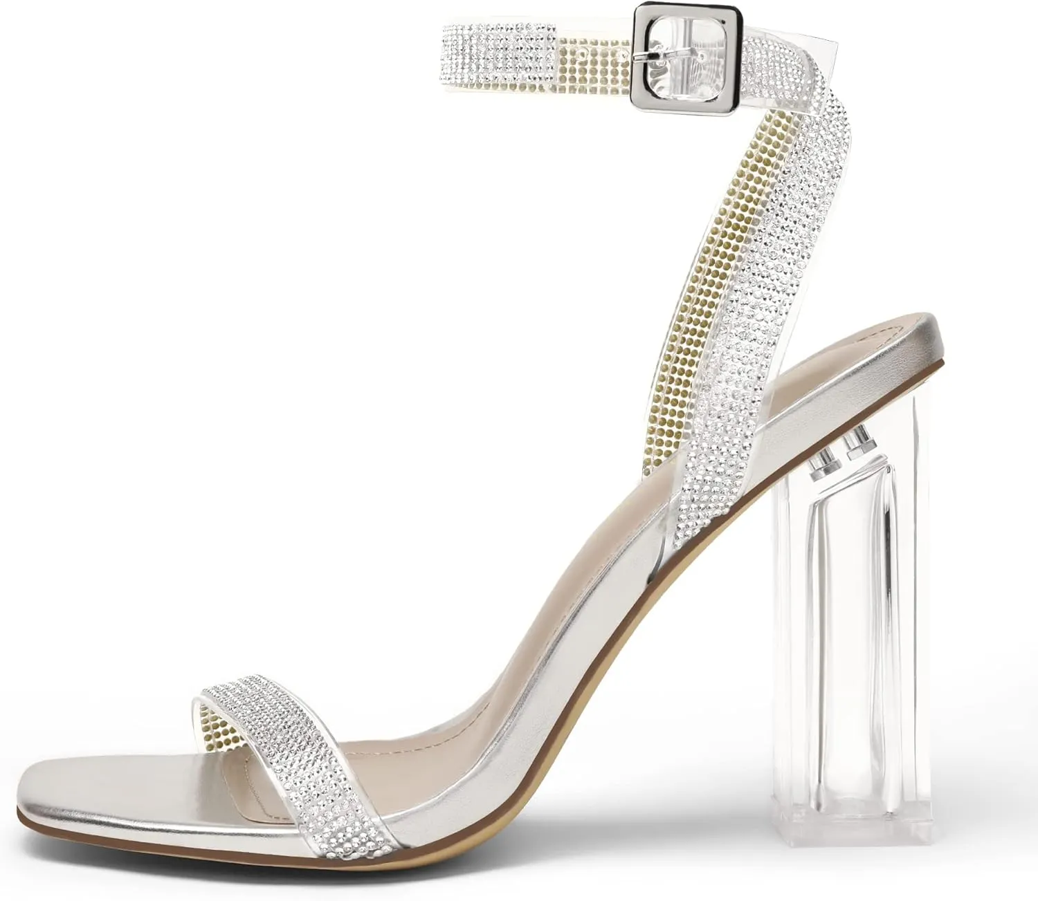 DREAM PAIRS Women's Chunky Clear High Heels Sandals, Rhinestone Ankle Strap Open Square Toe Block Heels Cute Sparkly Heels