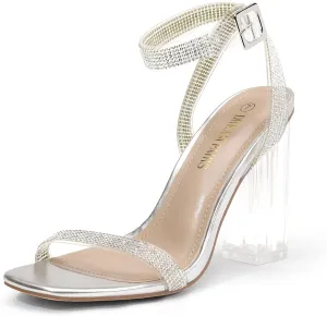 DREAM PAIRS Women's Chunky Clear High Heels Sandals, Rhinestone Ankle Strap Open Square Toe Block Heels Cute Sparkly Heels