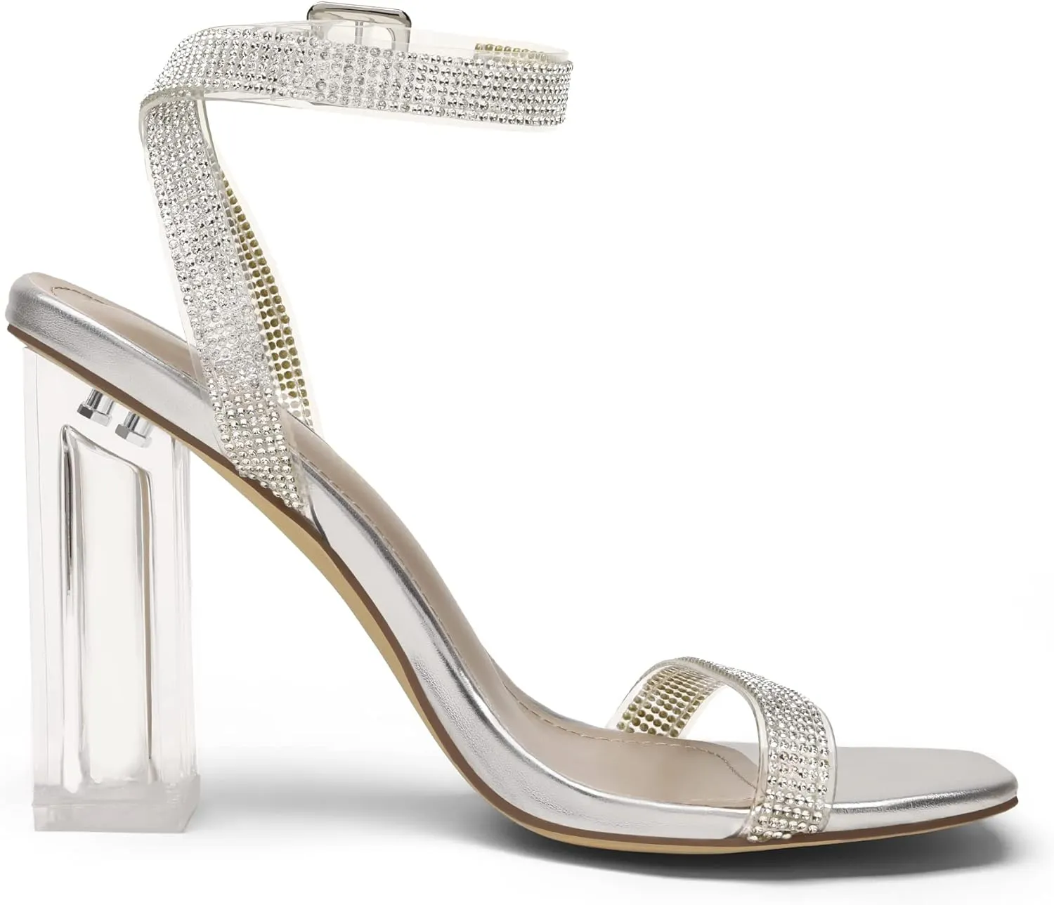 DREAM PAIRS Women's Chunky Clear High Heels Sandals, Rhinestone Ankle Strap Open Square Toe Block Heels Cute Sparkly Heels