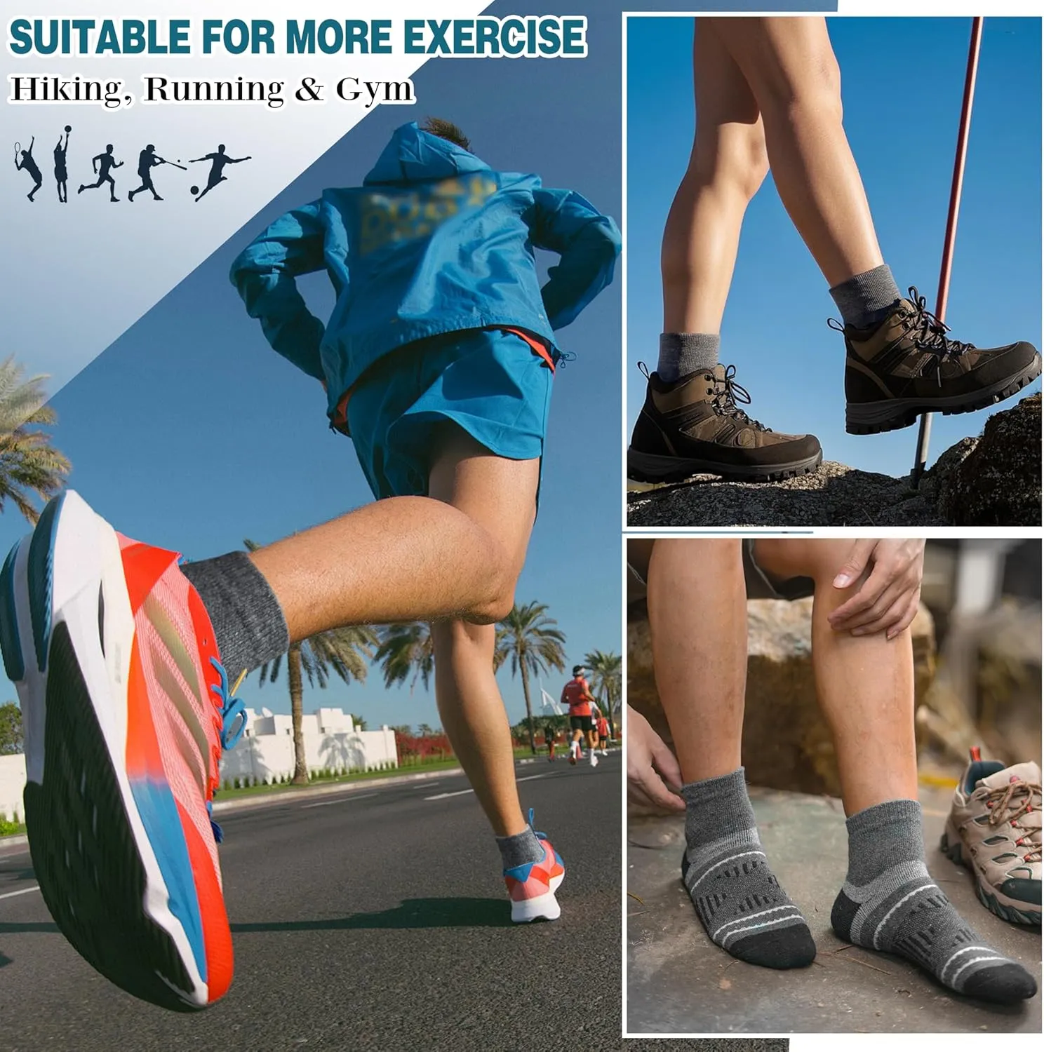 EBMORE 6 Pairs Merino Wool Ankle Hiking Running Socks Compression Support Thick Cushion No Show Socks for Men Women