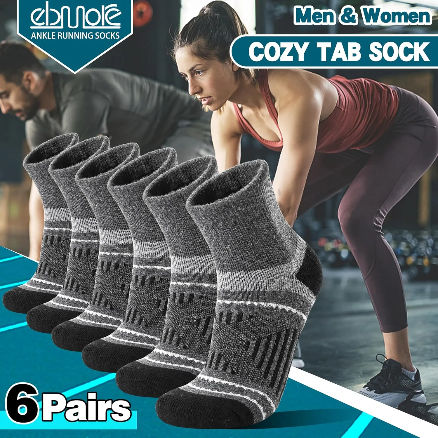 EBMORE 6 Pairs Merino Wool Ankle Hiking Running Socks Compression Support Thick Cushion No Show Socks for Men Women