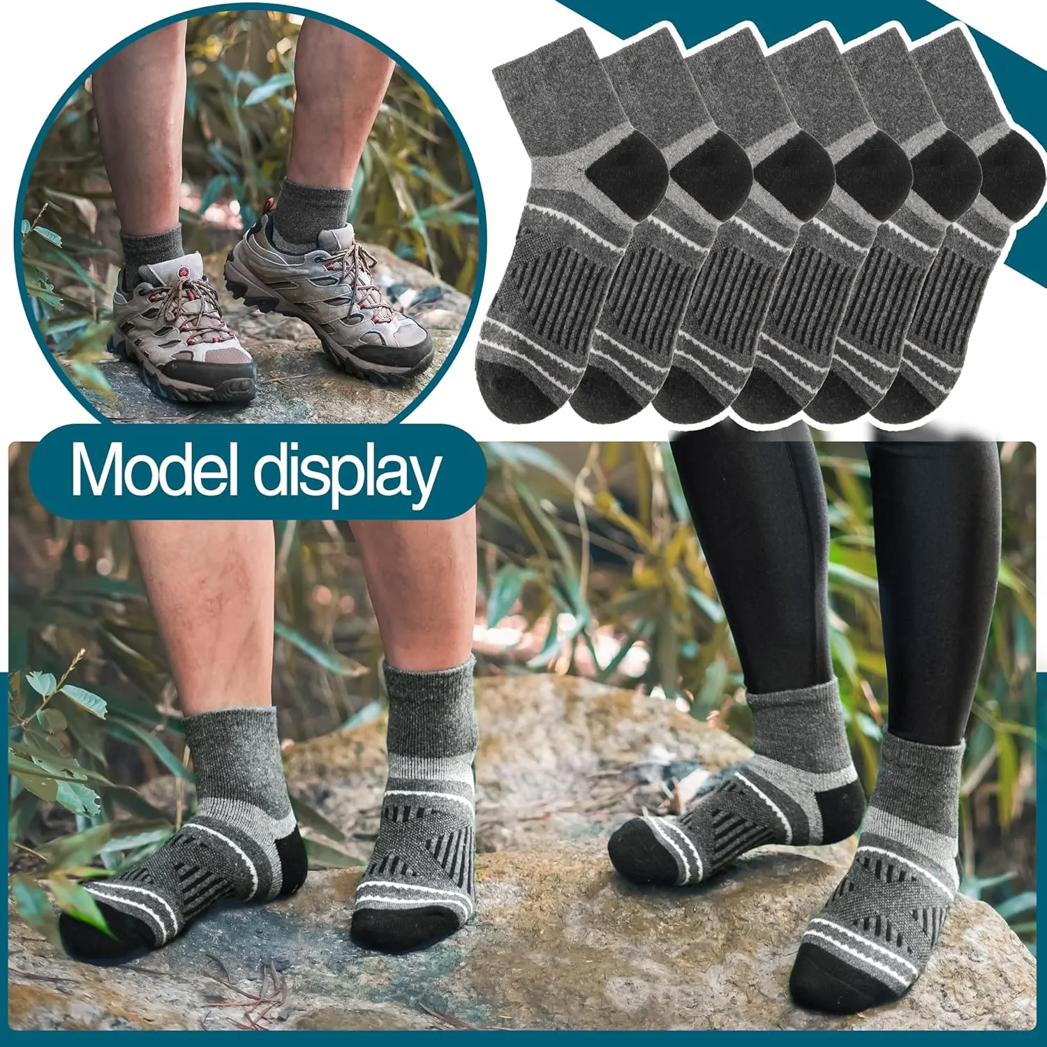 EBMORE 6 Pairs Merino Wool Ankle Hiking Running Socks Compression Support Thick Cushion No Show Socks for Men Women