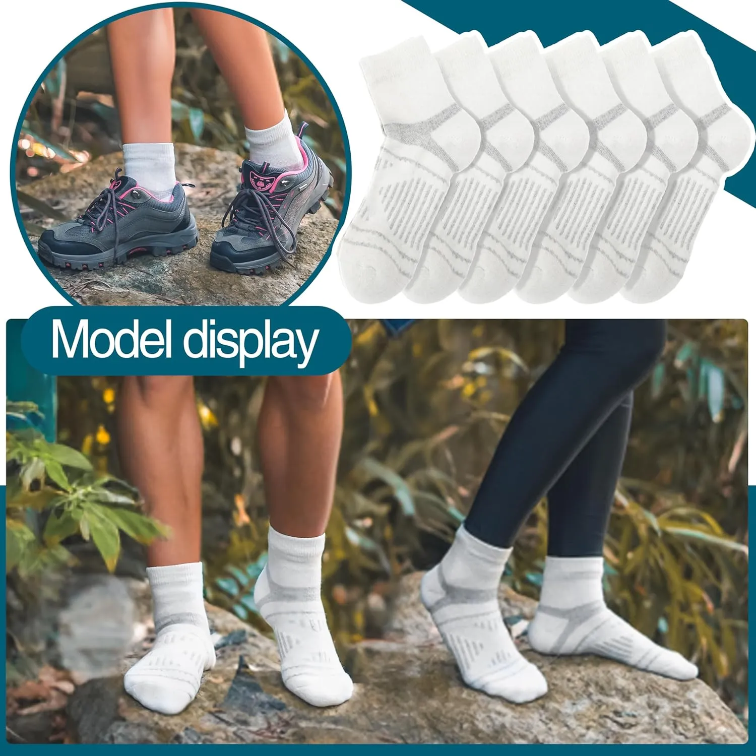 EBMORE 6 Pairs Merino Wool Ankle Hiking Running Socks Compression Support Thick Cushion No Show Socks for Men Women