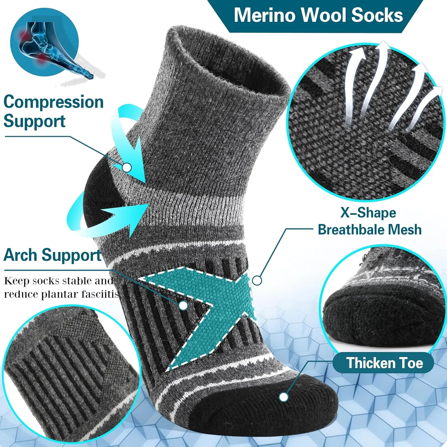EBMORE 6 Pairs Merino Wool Ankle Hiking Running Socks Compression Support Thick Cushion No Show Socks for Men Women