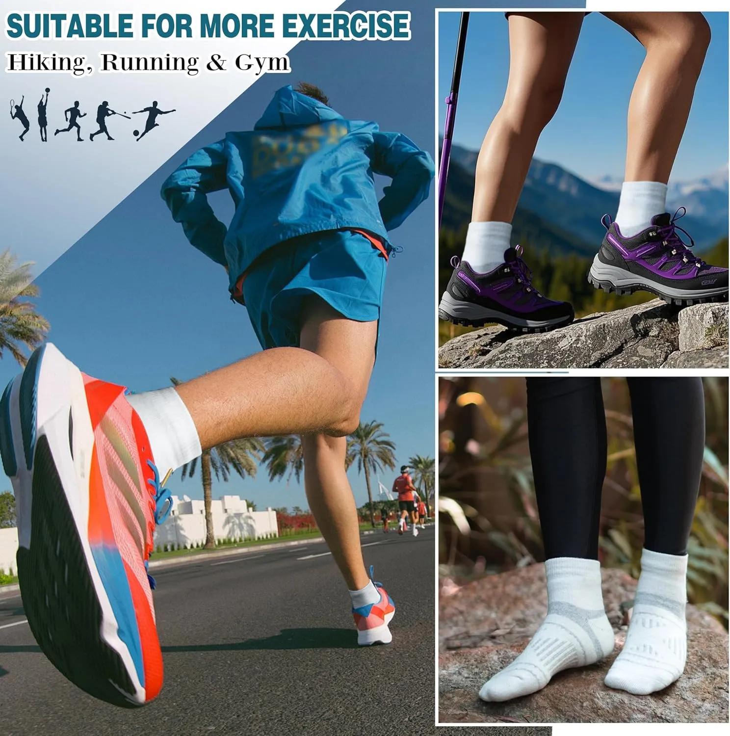 EBMORE 6 Pairs Merino Wool Ankle Hiking Running Socks Compression Support Thick Cushion No Show Socks for Men Women