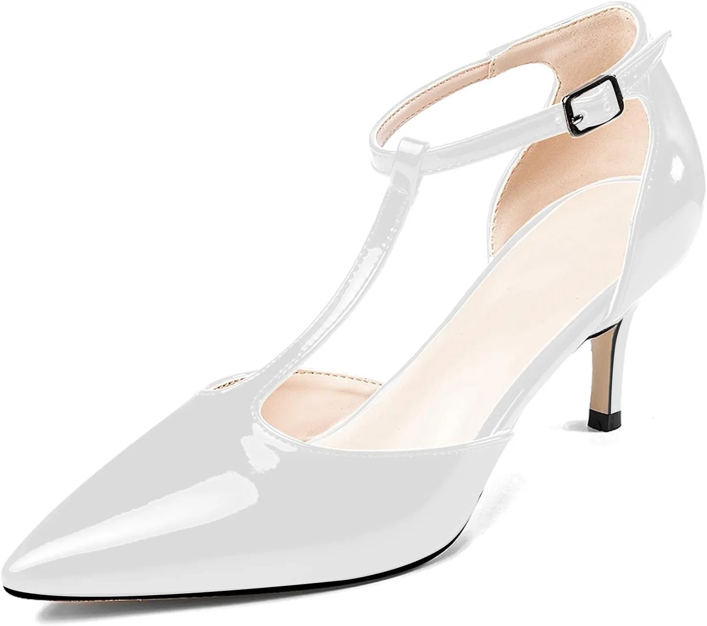 Eldof Womens Kitten Heel Pumps T-Strap Ankle Buckle Pumps2.6 Pointed Toe Classic Office Dress Heels