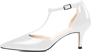 Eldof Womens Kitten Heel Pumps T-Strap Ankle Buckle Pumps2.6 Pointed Toe Classic Office Dress Heels