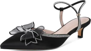 Eldof Women's Rhinestone Bow Heels Sparkly Ankle Strap Closed Pointed Toe Kitten Low Heel Pumps 1.5 Inches