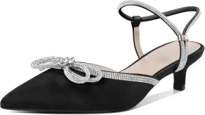 Eldof Women's Rhinestone Bow Heels Sparkly Ankle Strap Closed Pointed Toe Kitten Low Heel Pumps 1.5 Inches