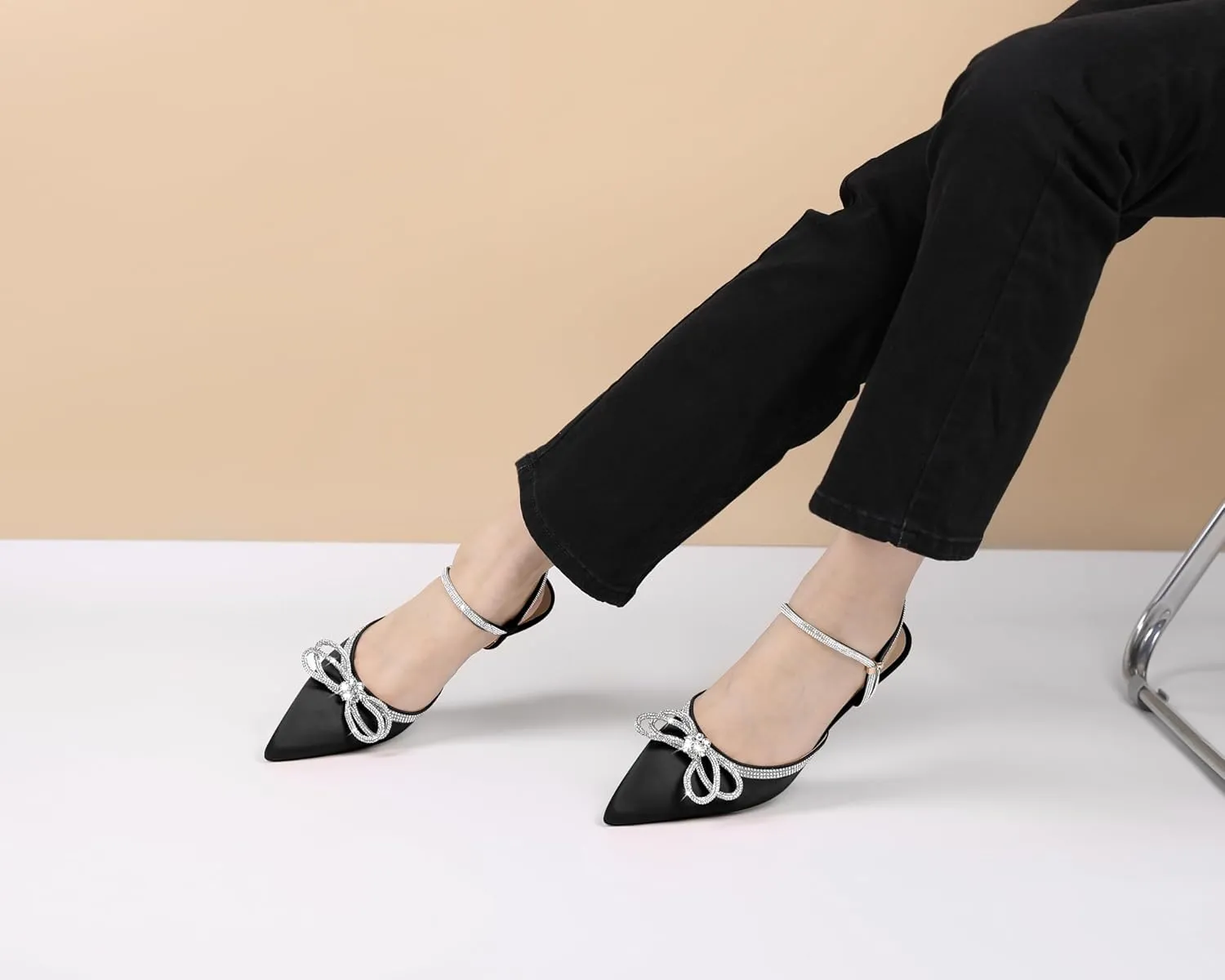 Eldof Women's Rhinestone Bow Heels Sparkly Ankle Strap Closed Pointed Toe Kitten Low Heel Pumps 1.5 Inches