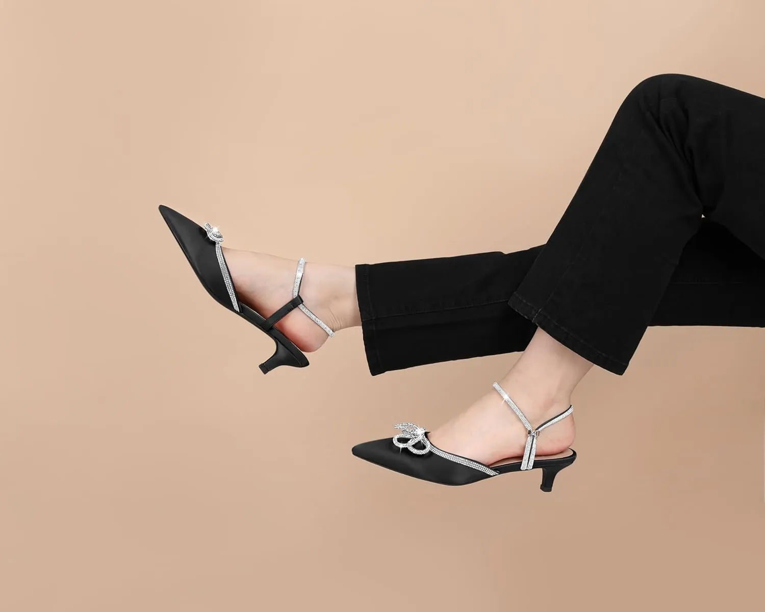 Eldof Women's Rhinestone Bow Heels Sparkly Ankle Strap Closed Pointed Toe Kitten Low Heel Pumps 1.5 Inches