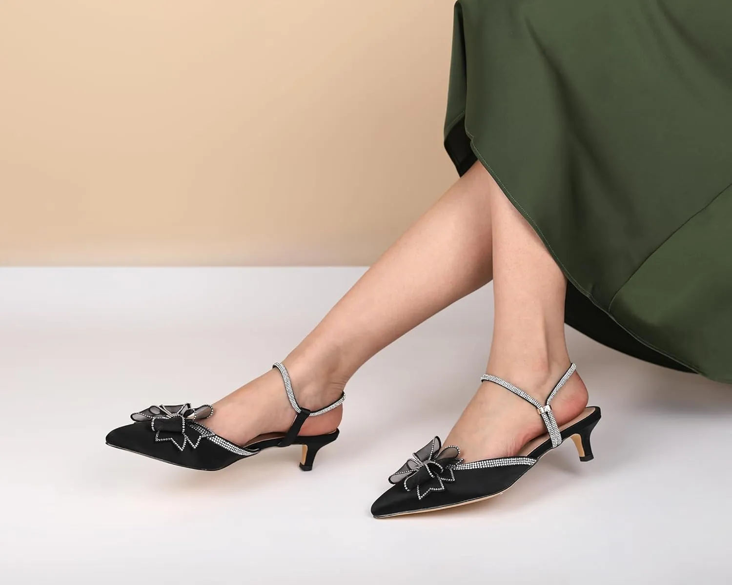 Eldof Women's Rhinestone Bow Heels Sparkly Ankle Strap Closed Pointed Toe Kitten Low Heel Pumps 1.5 Inches