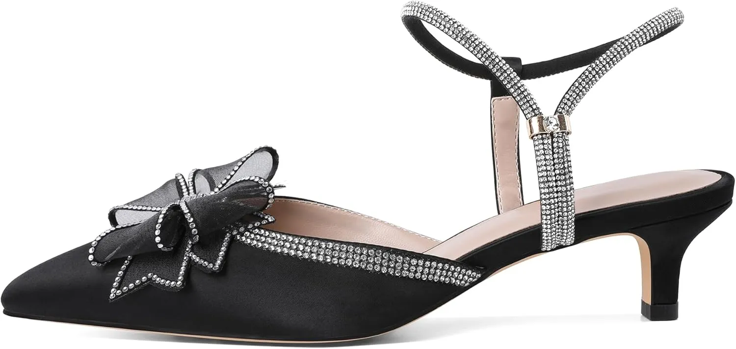 Eldof Women's Rhinestone Bow Heels Sparkly Ankle Strap Closed Pointed Toe Kitten Low Heel Pumps 1.5 Inches