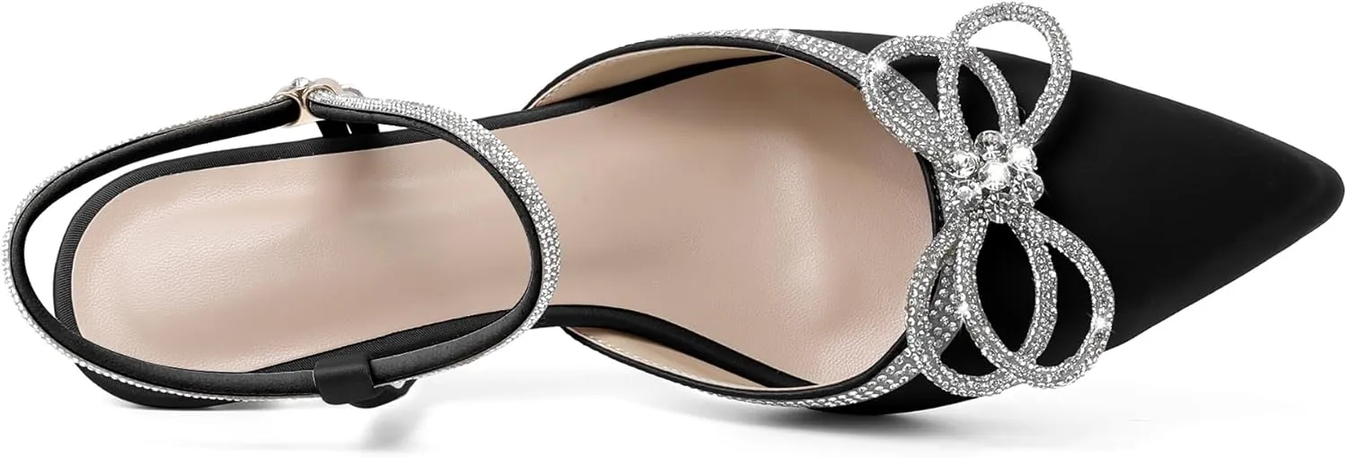 Eldof Women's Rhinestone Bow Heels Sparkly Ankle Strap Closed Pointed Toe Kitten Low Heel Pumps 1.5 Inches