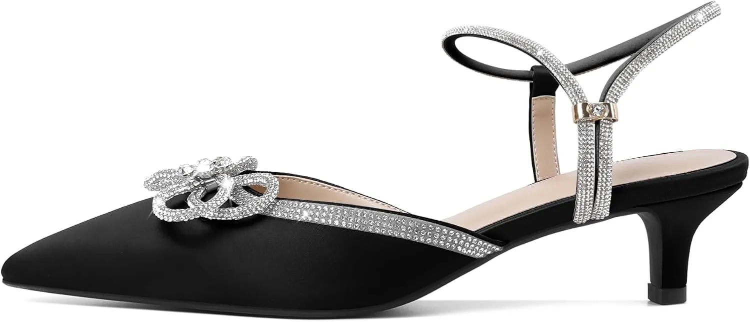 Eldof Women's Rhinestone Bow Heels Sparkly Ankle Strap Closed Pointed Toe Kitten Low Heel Pumps 1.5 Inches