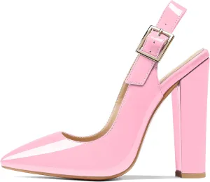 Eldof Women's Slingback Pointed Toe Pumps Ankle Strap Chunky High Heels 4.7" High Block Heel Pumps Dress Shoes