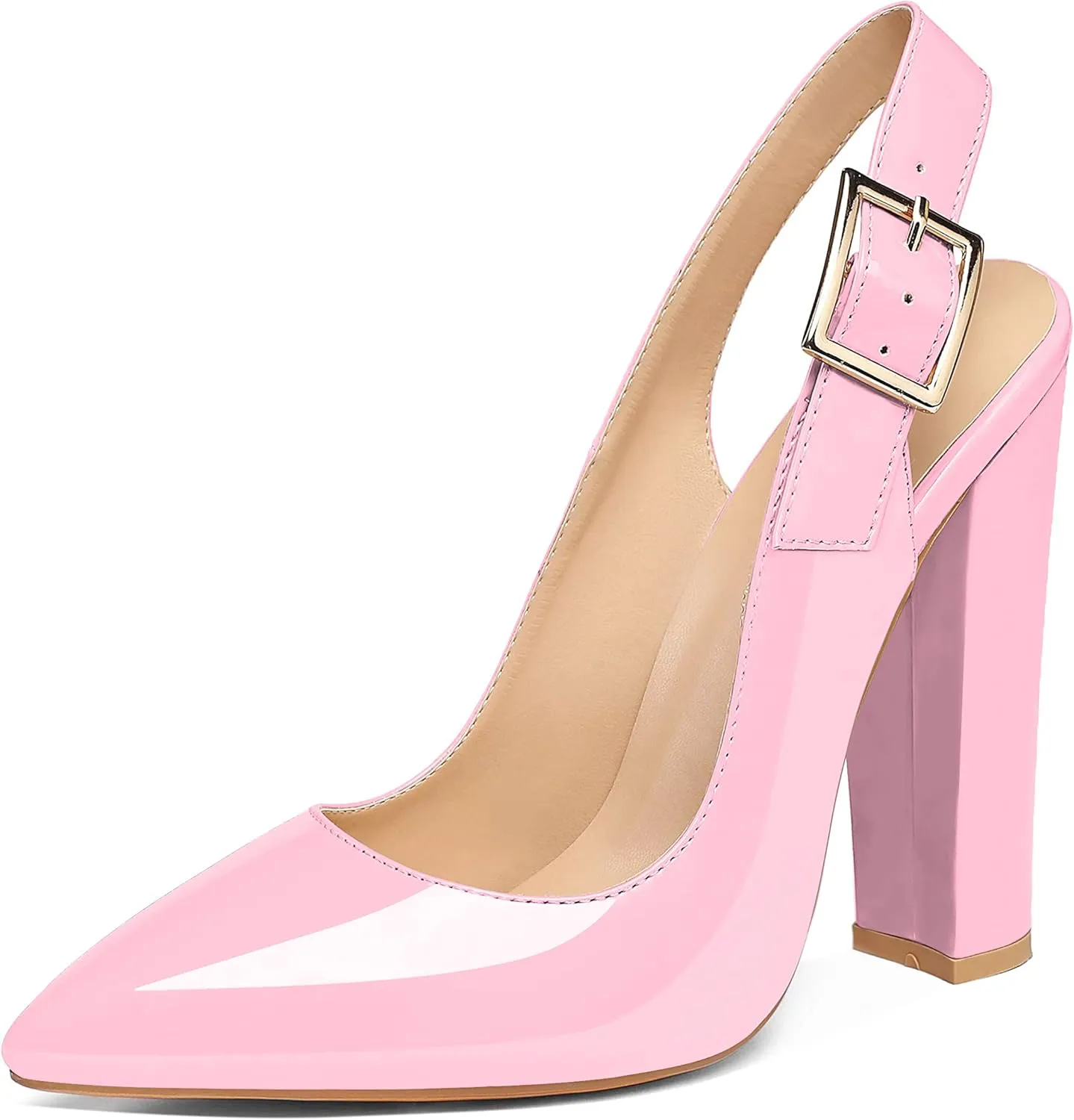 Eldof Women's Slingback Pointed Toe Pumps Ankle Strap Chunky High Heels 4.7" High Block Heel Pumps Dress Shoes