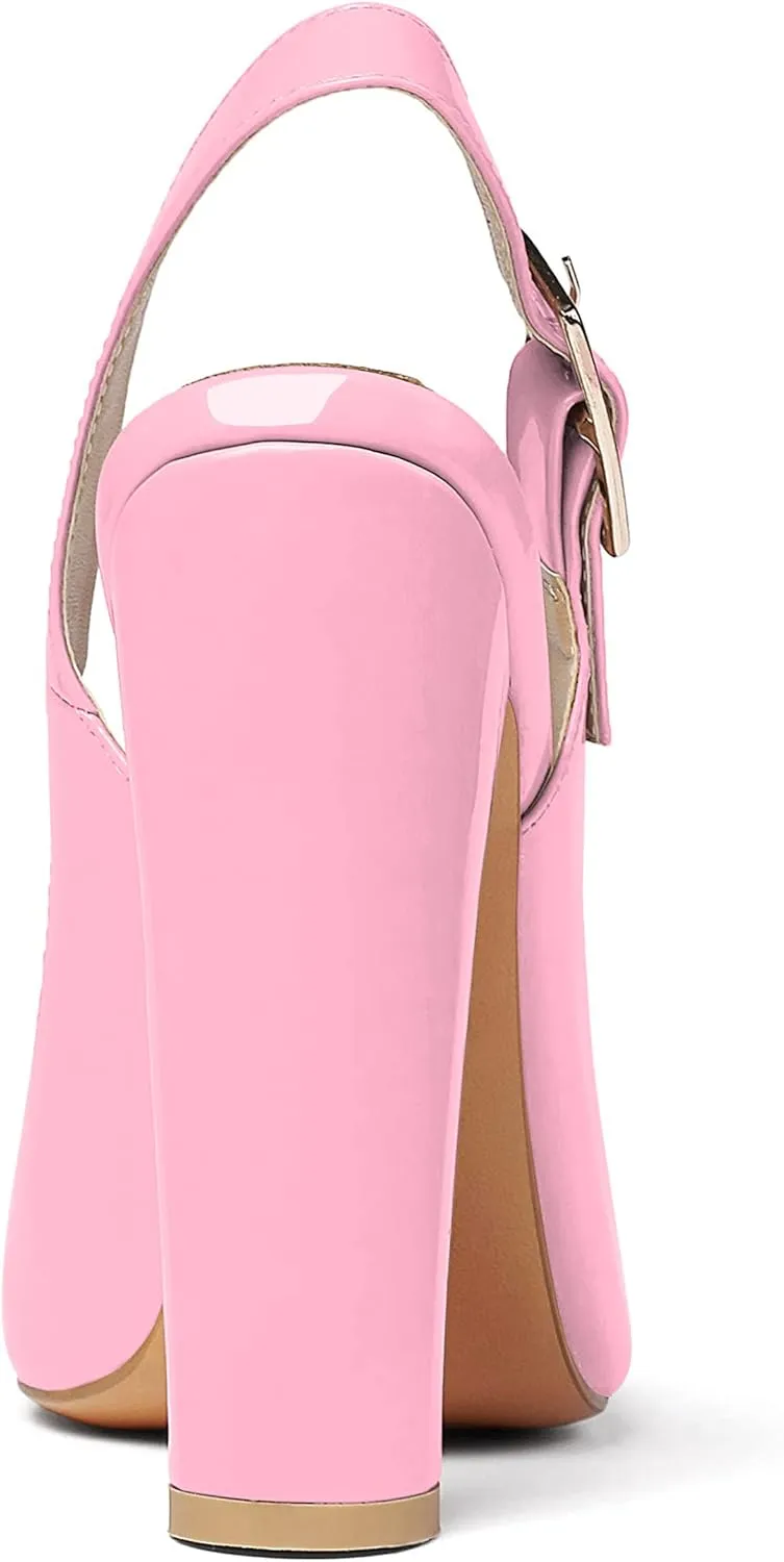 Eldof Women's Slingback Pointed Toe Pumps Ankle Strap Chunky High Heels 4.7" High Block Heel Pumps Dress Shoes